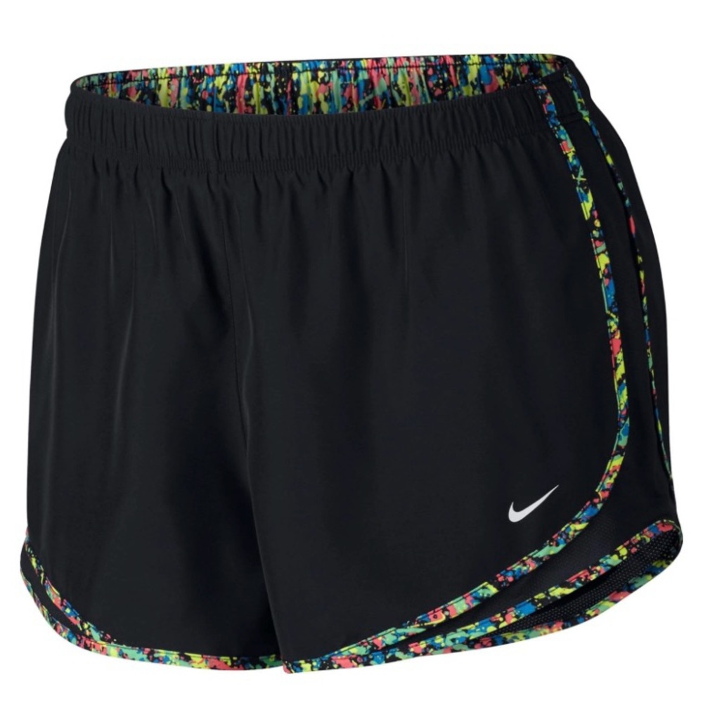 Nike Dri Fit‎ Tempo Women’s Sz M Black/Neon Splatter Print Trim Athletic Shorts
